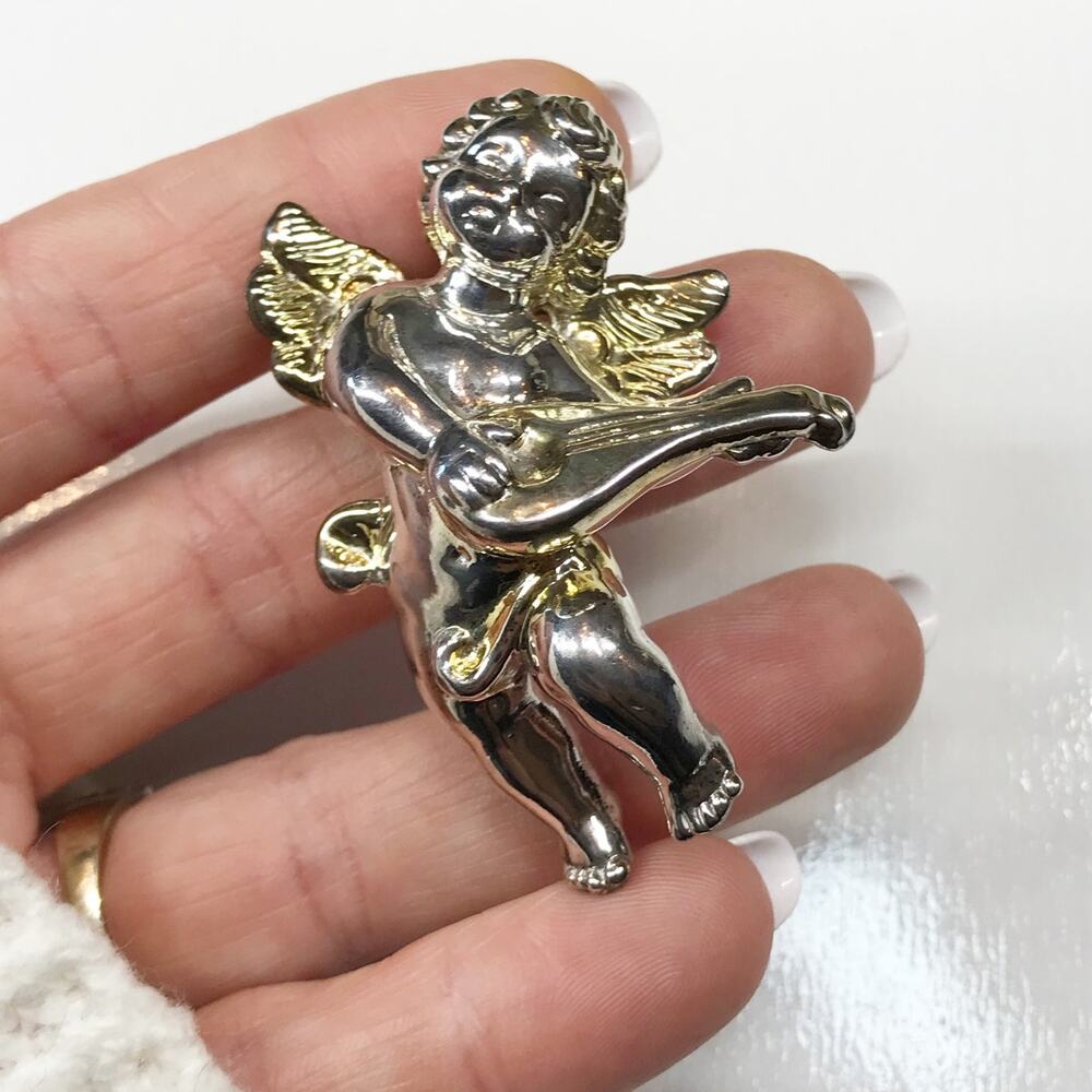 VTG Sam Philipe Signed Puffy Sterling Silver Brooch Large Cherub Angel Victorian